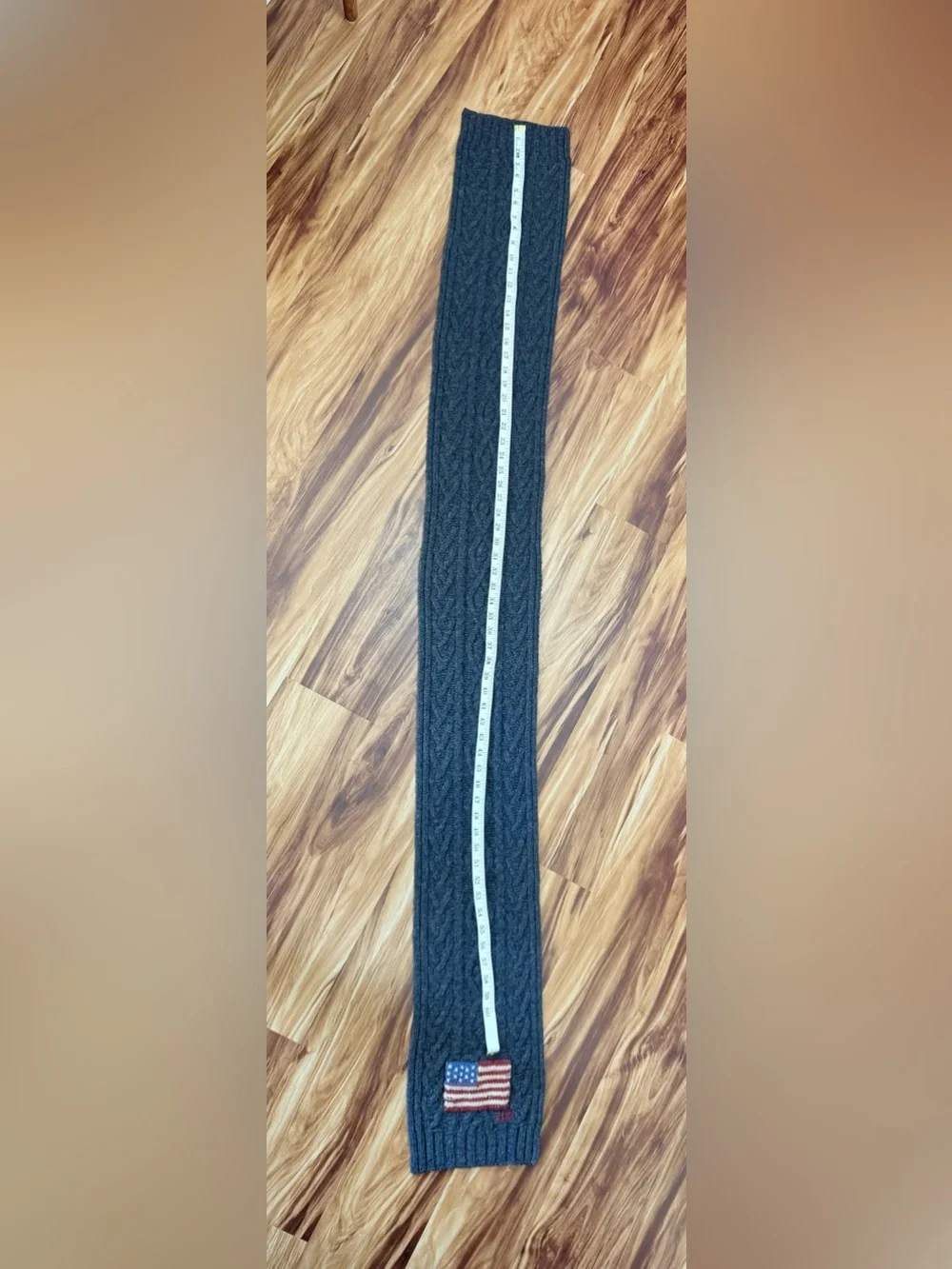 Vintage 90’s Polo by Ralph Lauren Charcoal Cable Knit Scarf with American Flag